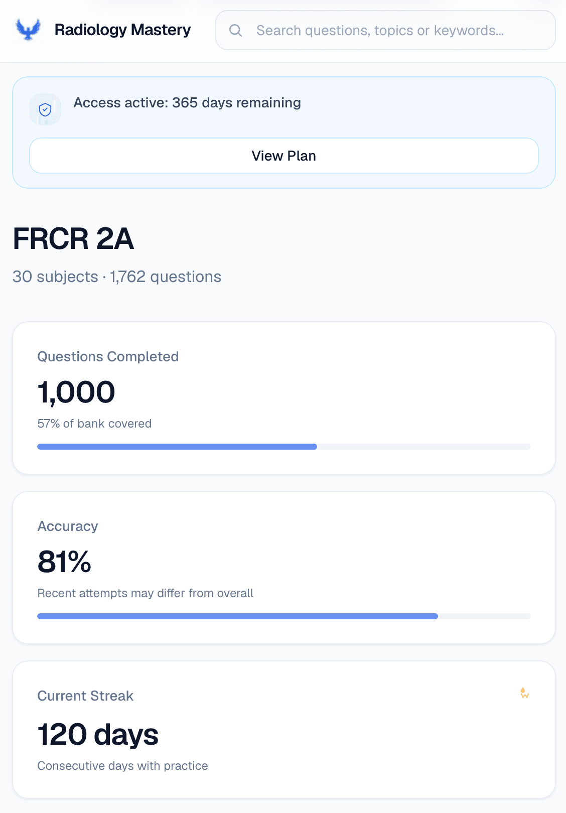 Dashboard: Your platform hub with progress, readiness and quick links for every exam.